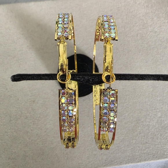 Large Gold Hoop Earrings with AB Rhinestones - Picture 7 of 10